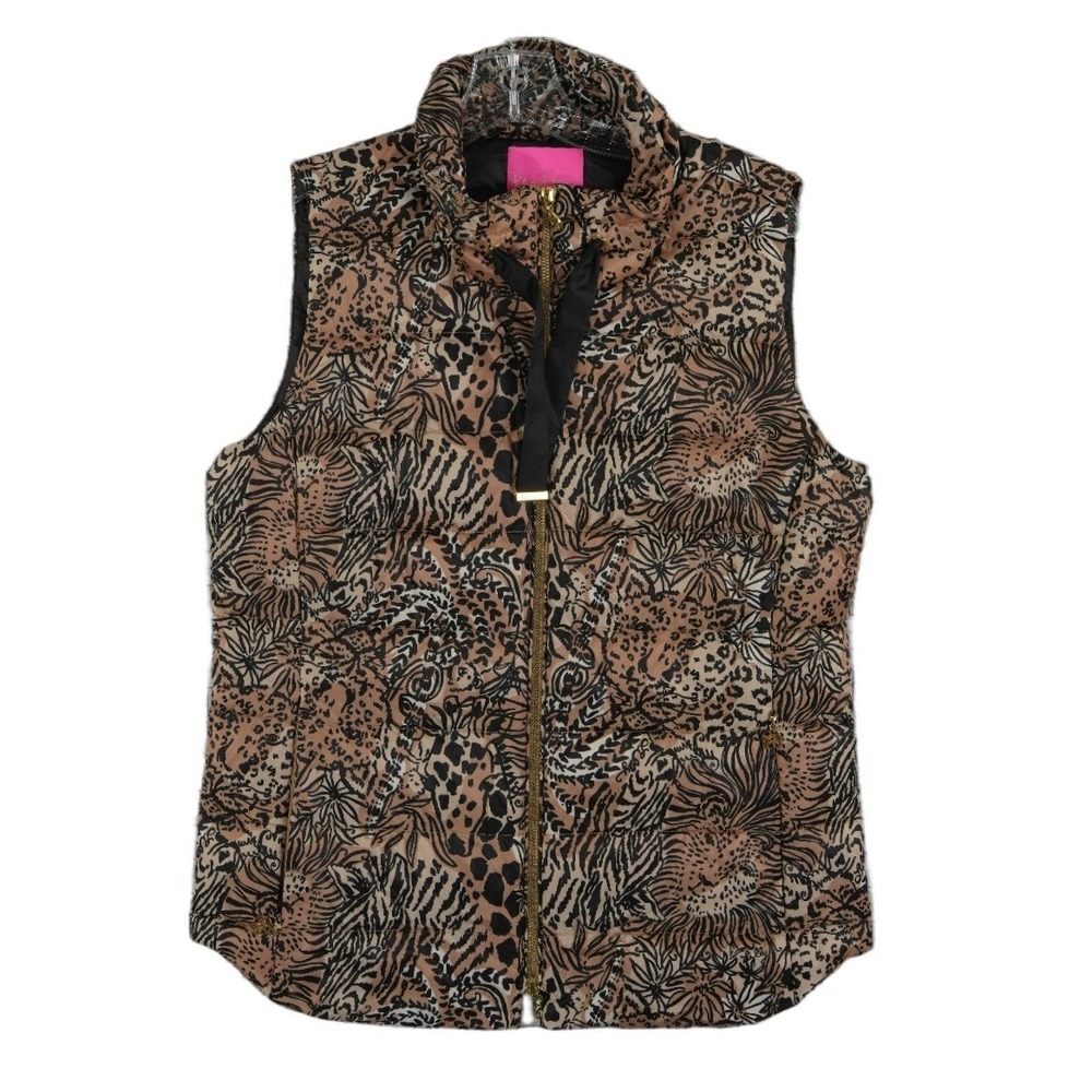 Lilly Pulitzer Down Puffer Vest Women's Size Medium Tan Safari Print Lion Tiger